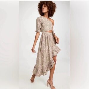 NWT Cleobella | Asymmetrical one shoulder midi dress ruffles green pink (S)